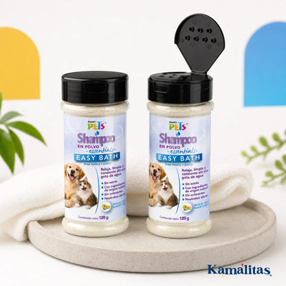 La tapa de easy bath esta diseñada para espolvorear el polvo por el pelaje de tu mascota.