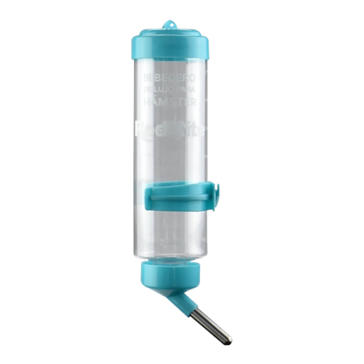 Bebedero dispensador de agua transparente con tapa y soporte azul de la marca RedKite y boquilla metálica antigoteo.