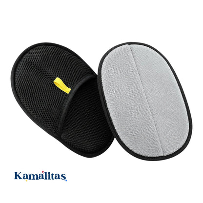 Ambos lados del guante removedor mostrando la malla transpirable negra y la microfibra gris, en Kamalitas.