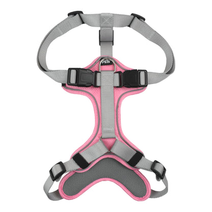 Vista frontal del arnés para perro color rosa destacando su diseño anatómico y la malla acolchada que distribuye la presión en el pecho.