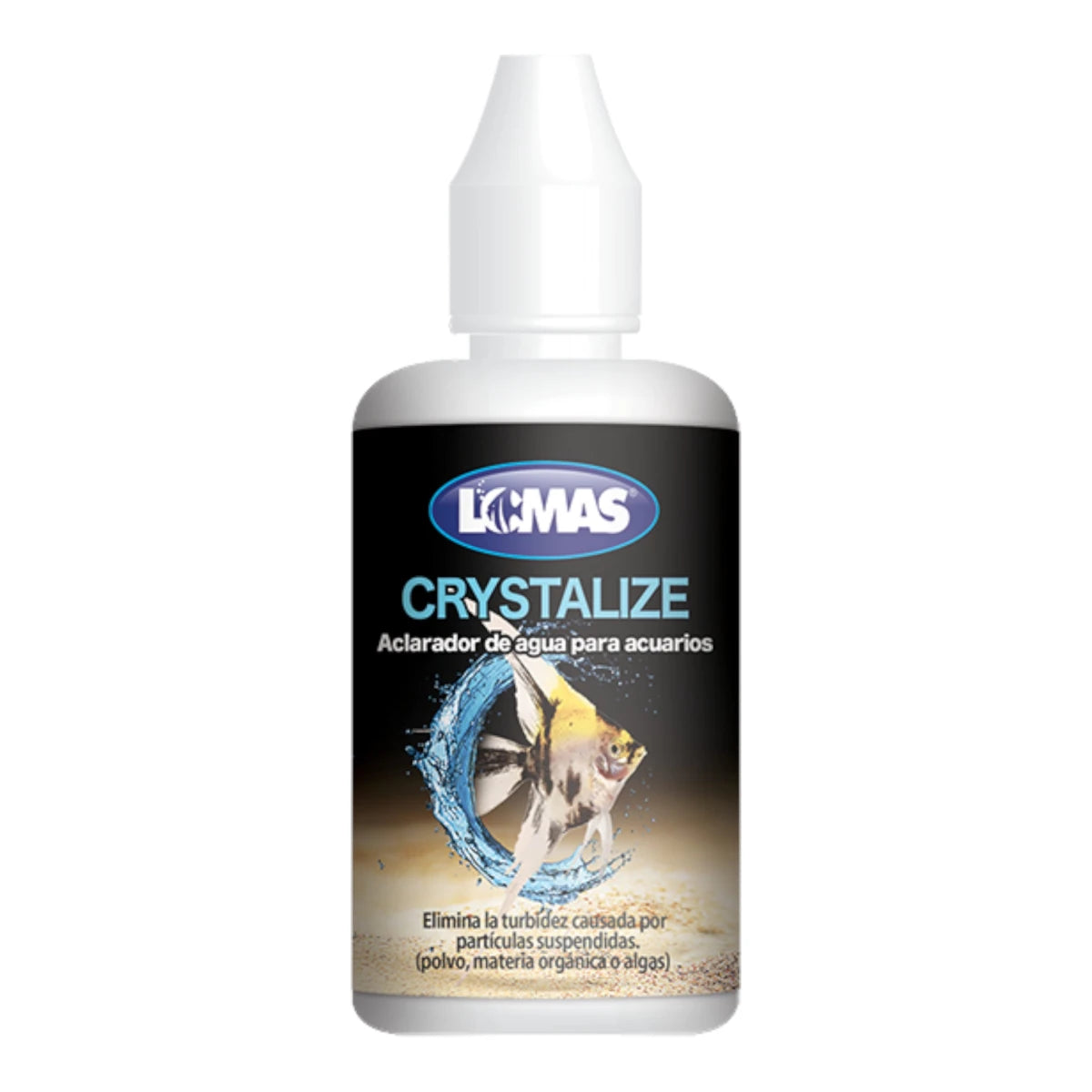 Botella de Crystalize Aclarador de agua para acuarios de la marca Lomas, disponible en presentaciones de 30ml, 60ml y 120ml.