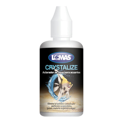 Botella de Crystalize Aclarador de agua para acuarios de la marca Lomas, disponible en presentaciones de 30ml, 60ml y 120ml.