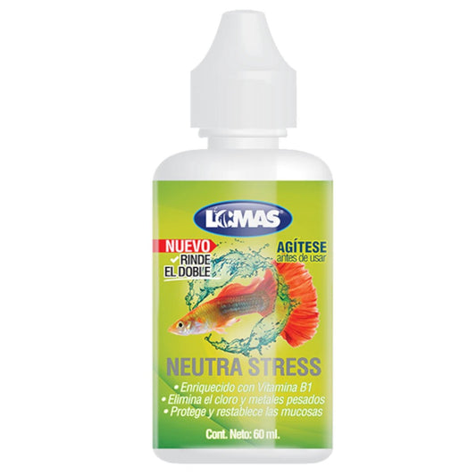 Frasco blanco de 60ml de Neutra Stress Lomas con etiqueta verde y naranja mostrando un pez Guppy en un círculo de agua.