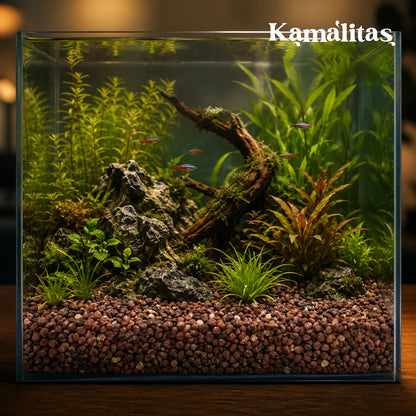 Paisajismo en acuario de agua dulce con plantas verdes, rocas y fondo de grava natural roja, en Kamalitas