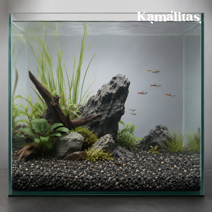 Acuario iluminado con peces pequeños, plantas altas y base de grava natural gris oxford, en Kamalitas.