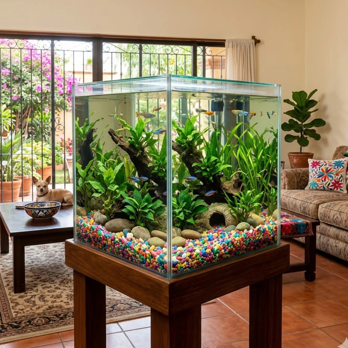 Vista interior realista de un acuario de peces tropicales ubicado en la sala de una casa mexicana, mostrando el fondo decorado con la vibrante grava confeti multicolor de Sunny y plantas acuáticas, en Kamalitas.