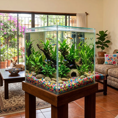 Vista interior realista de un acuario de peces tropicales ubicado en la sala de una casa mexicana, mostrando el fondo decorado con la vibrante grava confeti multicolor de Sunny y plantas acuáticas, en Kamalitas.