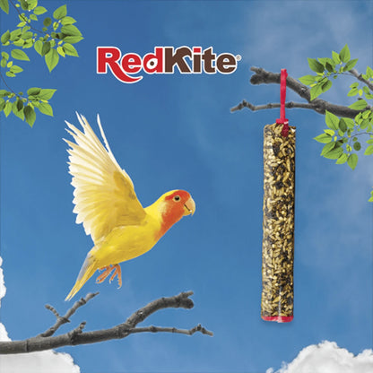 Ave agapornis inseparable volando hacia una barrita de semillas RedKite colgada de una rama simulando enriquecimiento ambiental.
