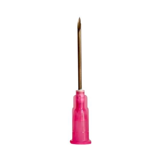 Aguja hipodérmica veterinaria 18G x 1” de acero inoxidable con cono rosa para ganado y equinos