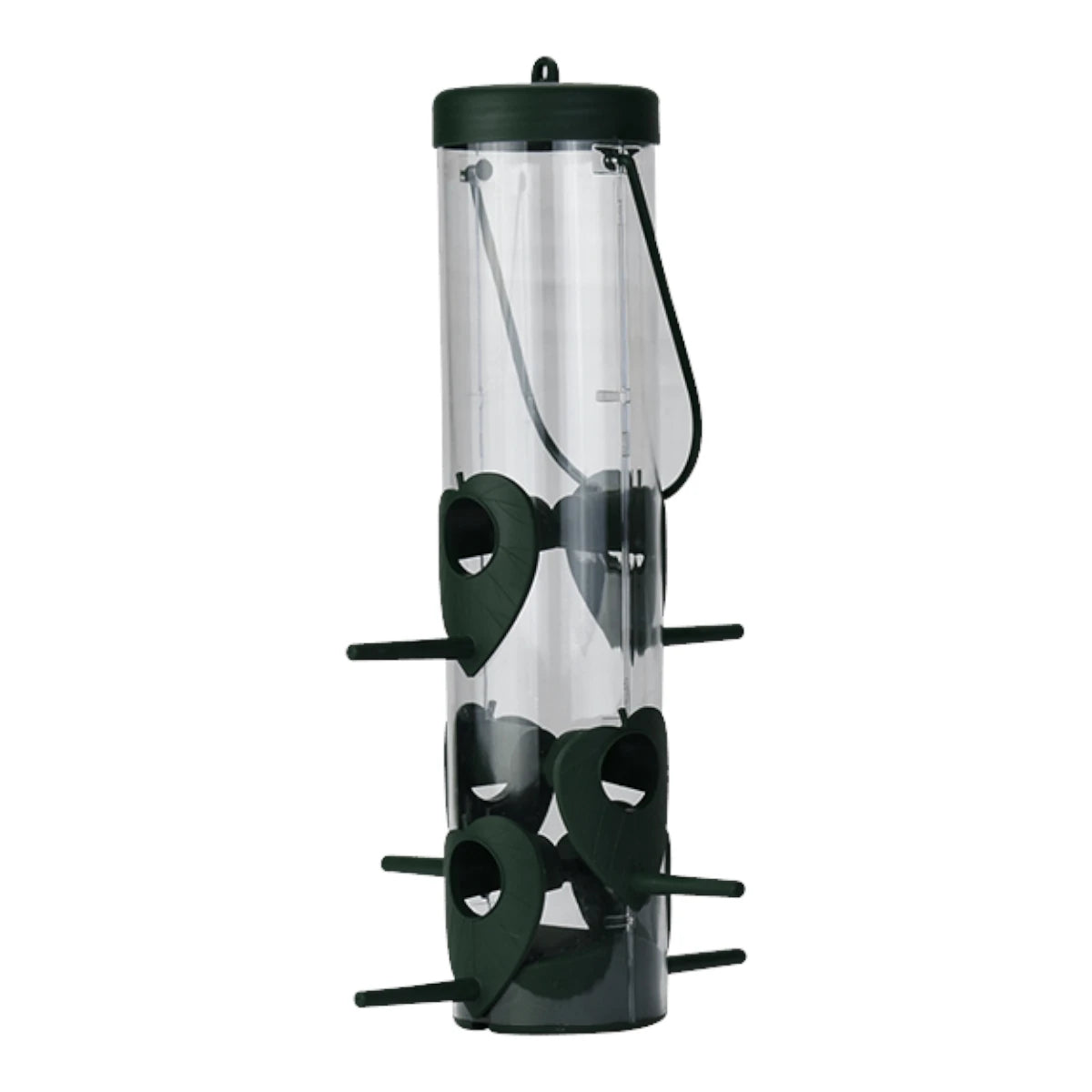 ista completa del alimentador de semillas cilíndrico Redkite de plástico transparente y tapas verdes para colgar en exteriores, mostrado completamente vacío sobre fondo blanco.