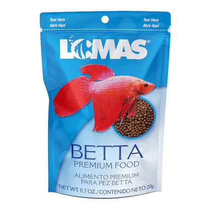 Presentación en bolsa de 20 gramos de alimento para pez Betta Lomas, ideal para resaltar colores naturales y fortalecer el sistema inmune.