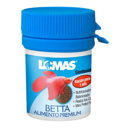 Bote de alimento premium Lomas de 8 gramos para pez Betta, pellets flotantes para nutrición diaria en Kamalitas.