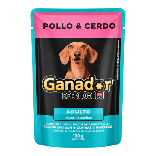 Sobre de alimento húmedo Ganador Premium sabor pollo y cerdo de 100 gramos para perros adultos de razas pequeñas.