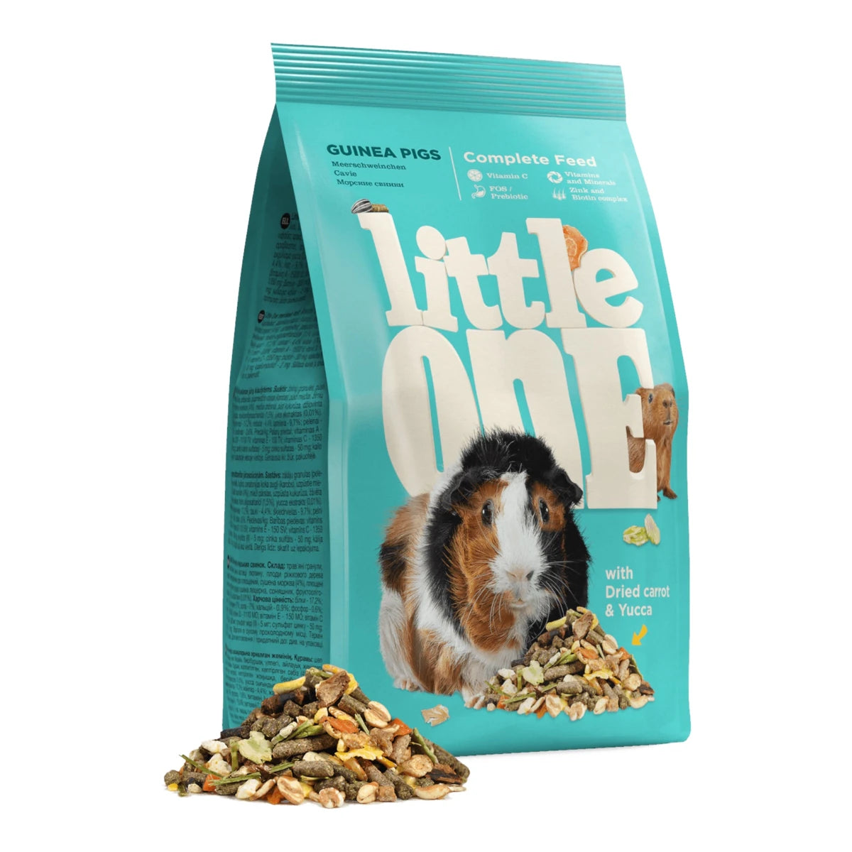 Empaque de alimento premium Little One para cobayas y cuyos, destacando sus ingredientes naturales y mezcla balanceada.