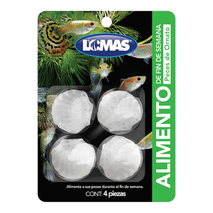 Empaque individual del alimento de fin de semana para peces de ornato marca Lomas, destacando su fórmula para acuarios comunitarios, en Kamalitas.