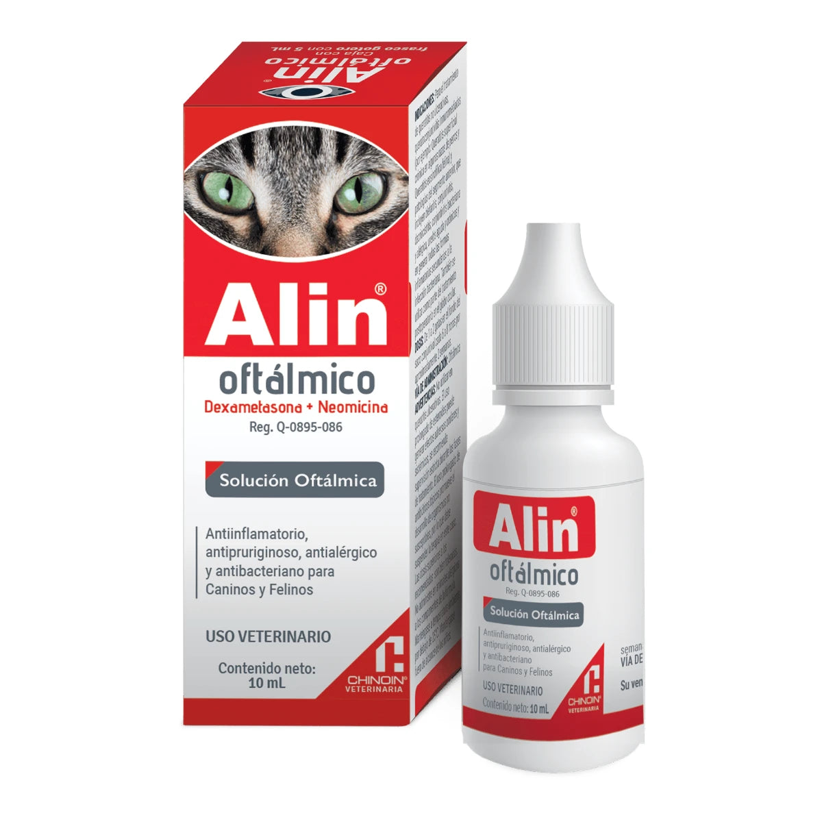 Caja y frasco gotero de Alin Oftálmico Chinoin de 10 mL, solución para el tratamiento de inflamación e infecciones oculares en perros