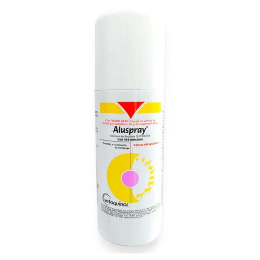Lata de Aluspray aerosol de aluminio micronizado, barrera protectora y cicatrizante para heridas en mascotas y animales de granja.