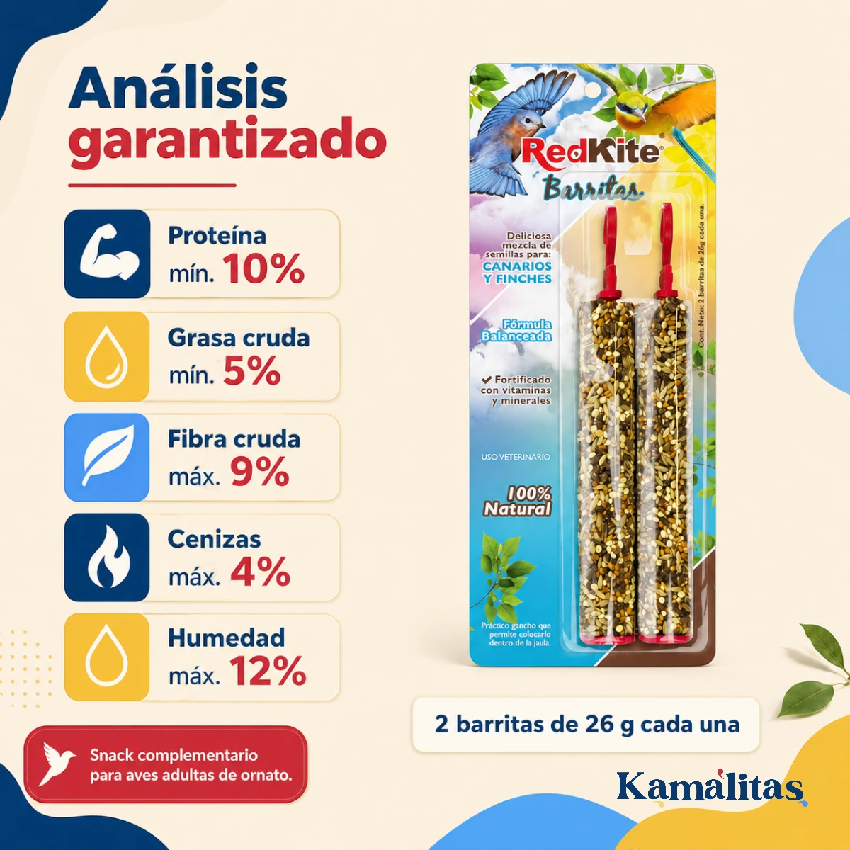 Análisis garantizado de las barritas RedKite con 10 por ciento de proteína y presentación de 2 piezas de 26 g