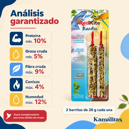 Análisis garantizado de las barritas RedKite con 10 por ciento de proteína y presentación de 2 piezas de 26 g