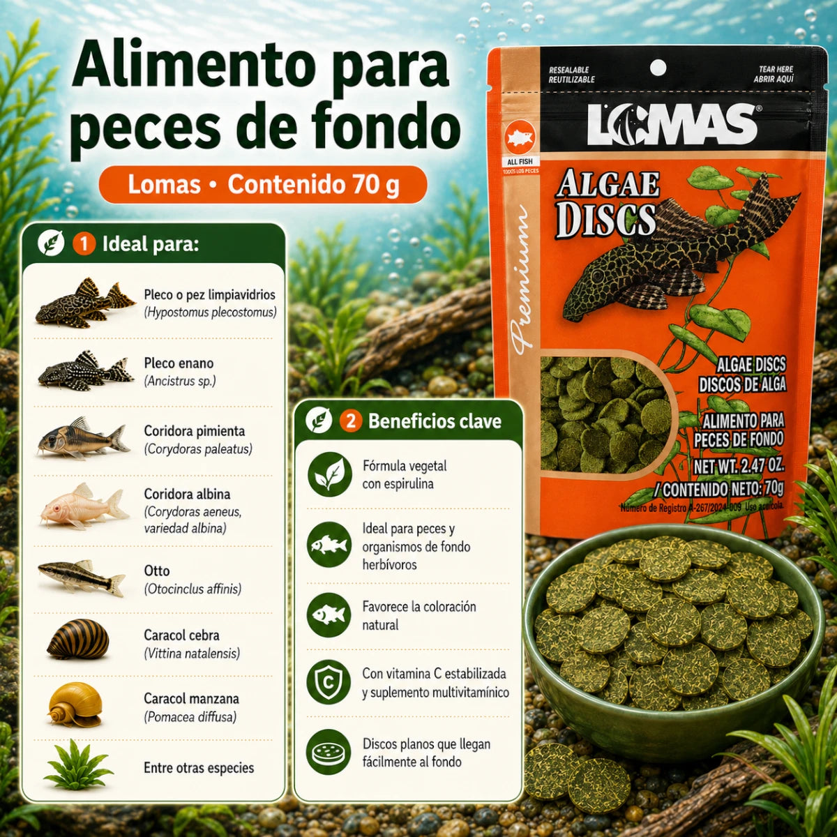 Infografía de Lomas Algae Discs de 70g que detalla el análisis garantizado con 34% de proteína cruda y su lista completa de ingredientes con espirulina.