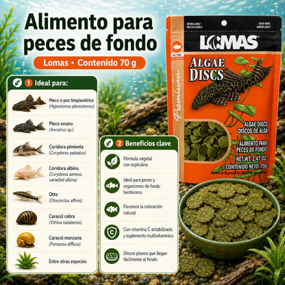 Infografía de Lomas Algae Discs de 70g que detalla el análisis garantizado con 34% de proteína cruda y su lista completa de ingredientes con espirulina.