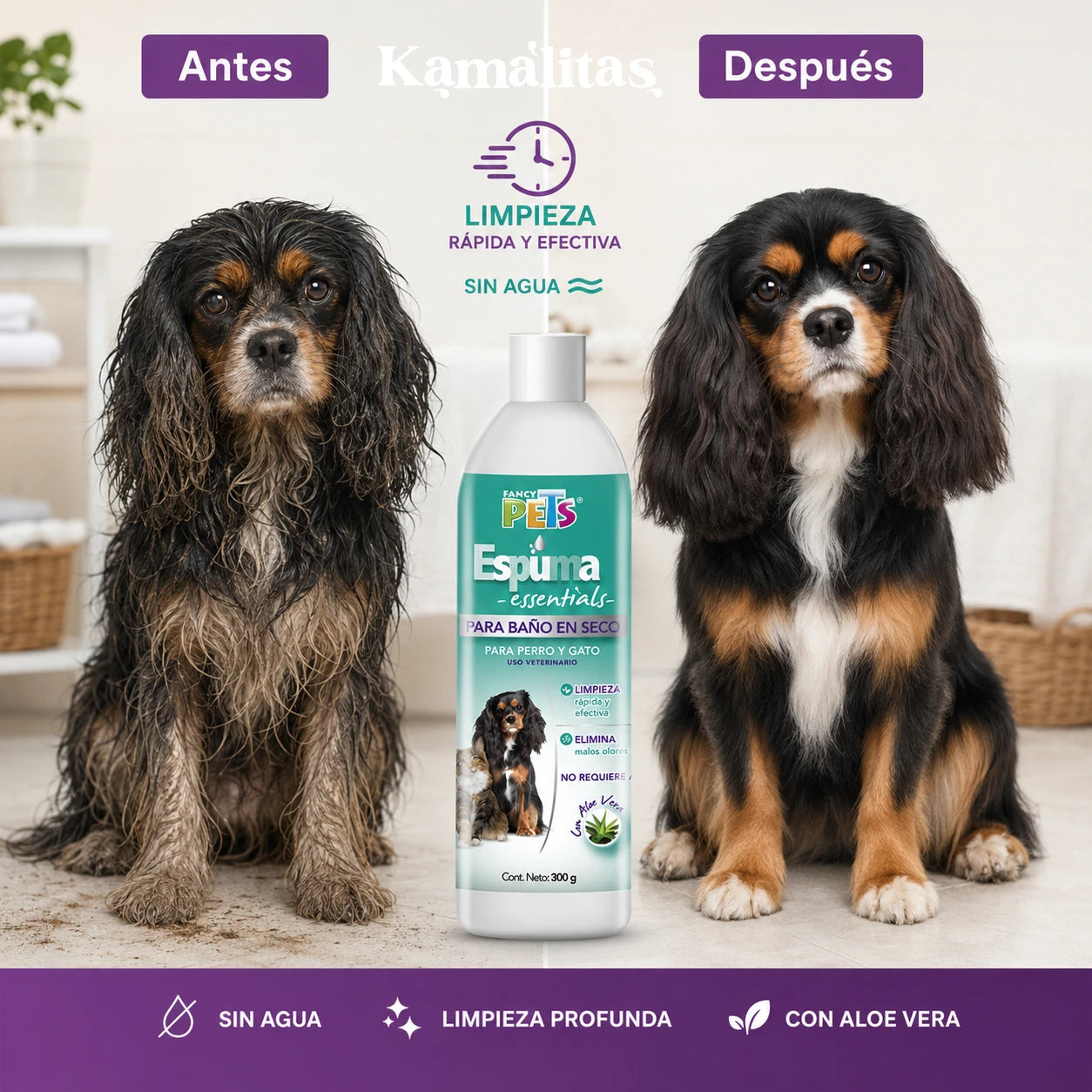 Comparación antes y después de usar espuma para baño en seco Fancy Pets en perro, mostrando pelaje más limpio, fresco y con mejor apariencia sin usar agua