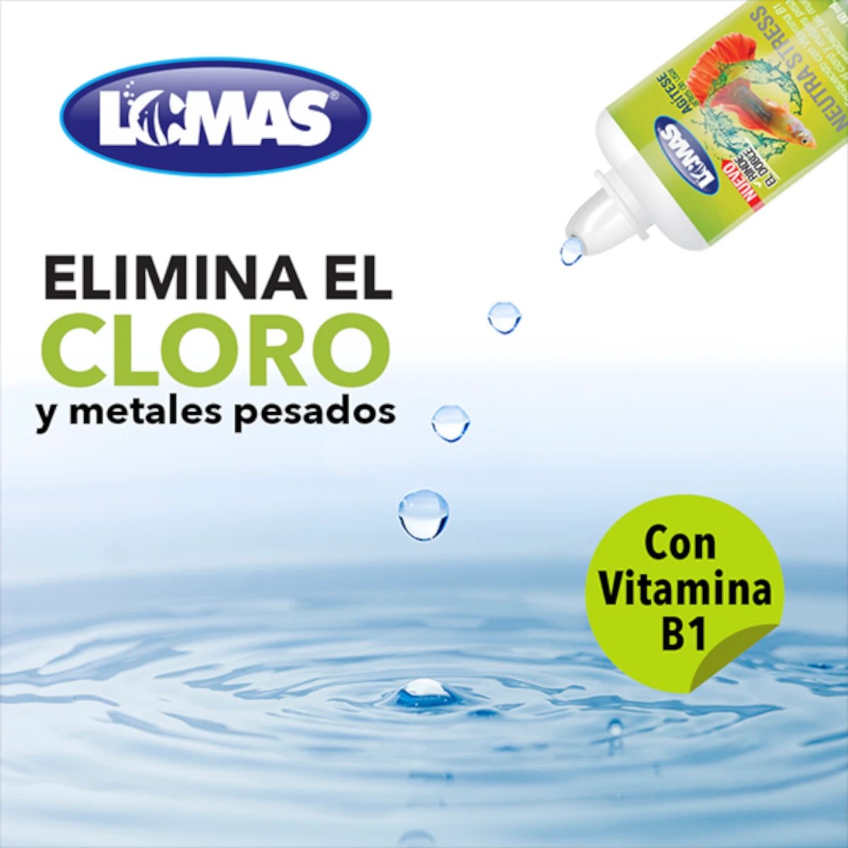 Gotas de Neutra Stress cayendo en agua cristalina, destacando que elimina el cloro y metales pesados con Vitamina B1.