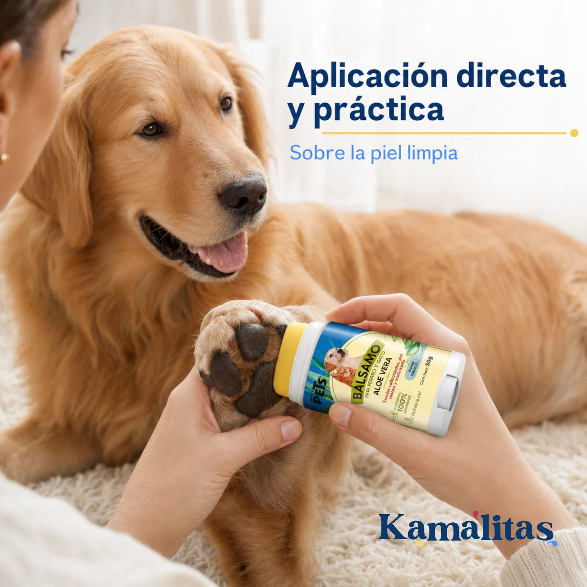 Aplicación directa del bálsamo Fancy Pets con aloe vera sobre las almohadillas de un perro.