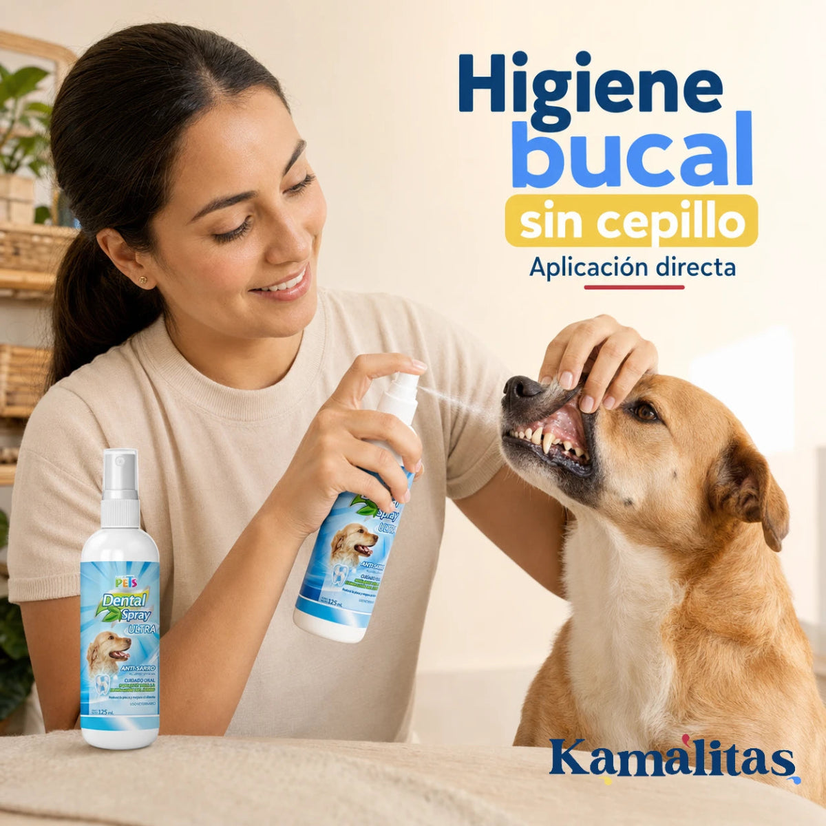 Tutora aplicando Spray Dental Ultra directamente sobre los dientes de un perro para apoyar su higiene bucal.