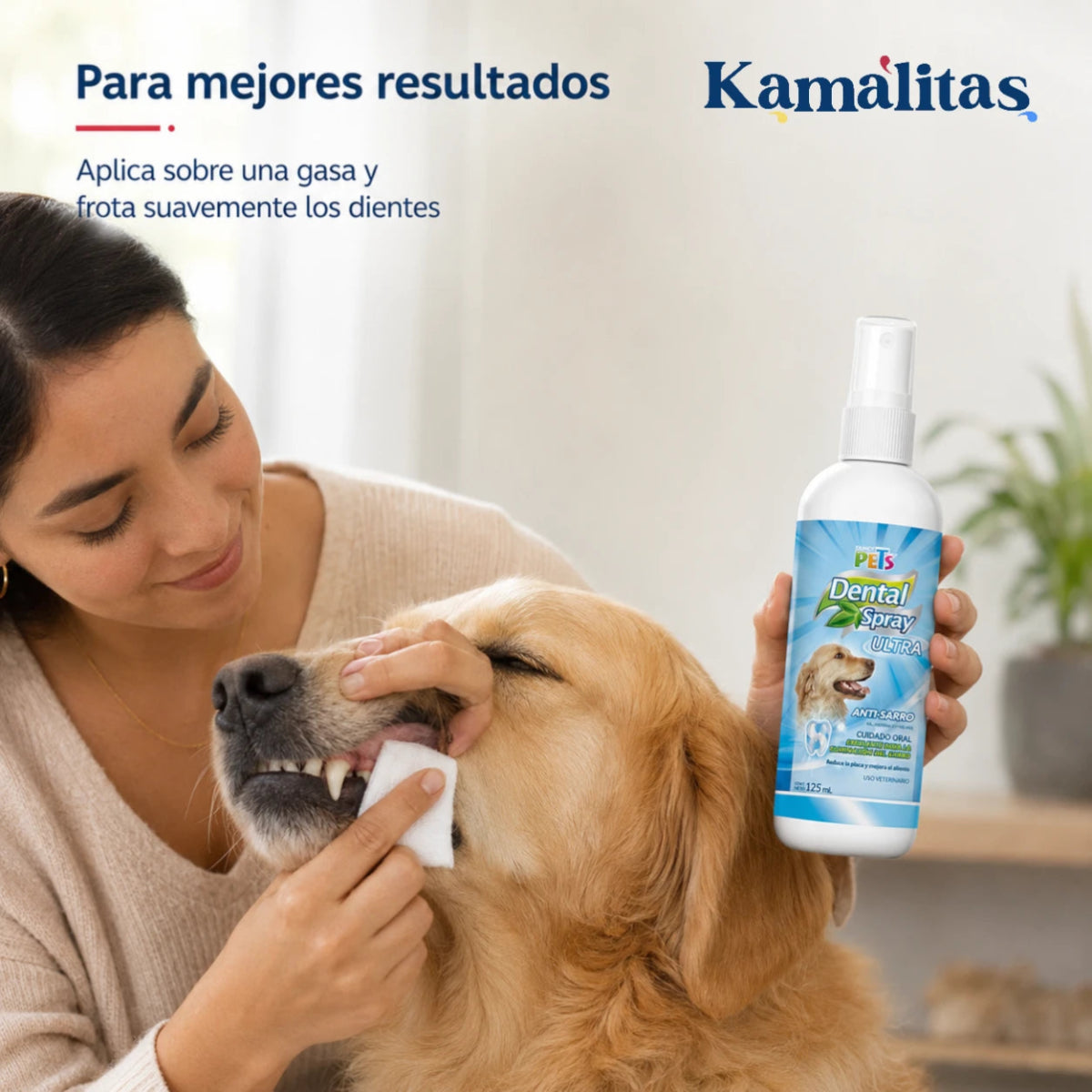 Limpieza de los dientes de un perro con una gasa humedecida con Spray Dental Ultra Fancy Pets.