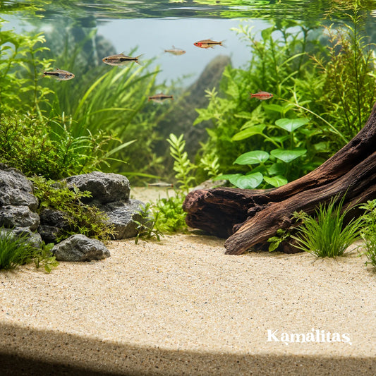 Arena sílica para acuario de agua dulce con plantas vivas y peces pequeños, sustrato fino de aspecto natural para decoración de peceras, disponible en Kamalitas.