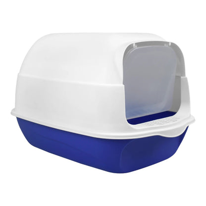 Vista lateral completa del Arenero Cubierto Fancy Pets para gatos en color azul y blanco, mostrando su diseño cerrado, la puerta abatible transparente y el asa de transporte en la parte superior, en Kamalitas.