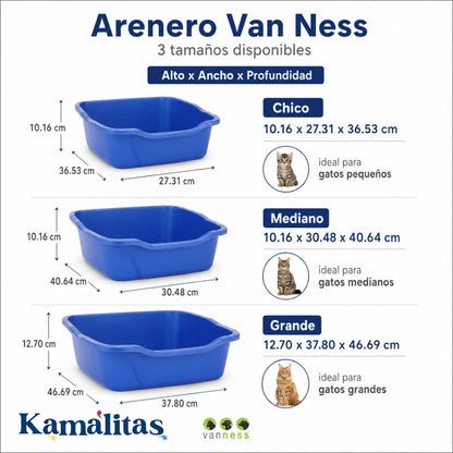 Imagen de medidas del Arenero Van Ness para gato en 3 tamaños disponibles, chico, mediano y grande, con sugerencia de uso para gatos pequeños, medianos y grandes.