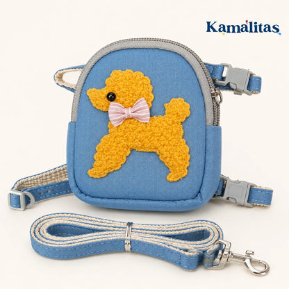 Arnés con mochila azul para perros y gatos pequeños con correa a juego, diseño decorativo de perrito y ajuste cómodo para cuello y panza.