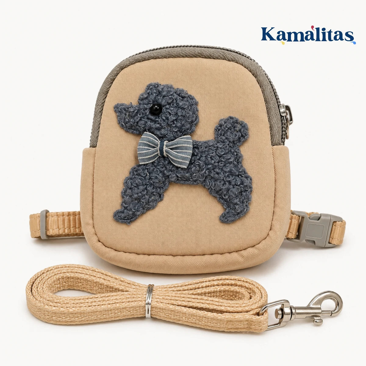 Arnés con mochila beige para perros y gatos pequeños con correa incluida, mochila decorada con perrito y espacio útil para guardar bolsitas durante el paseo.