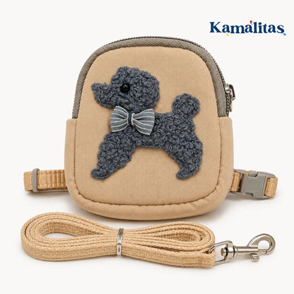 Arnés con mochila beige para perros y gatos pequeños con correa incluida, mochila decorada con perrito y espacio útil para guardar bolsitas durante el paseo.