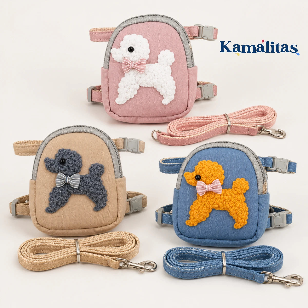 Arnés con mochila para perros y gatos pequeños disponible en rosa, beige y azul, con correa a juego, tirantes ajustables y diseño decorativo de perrito