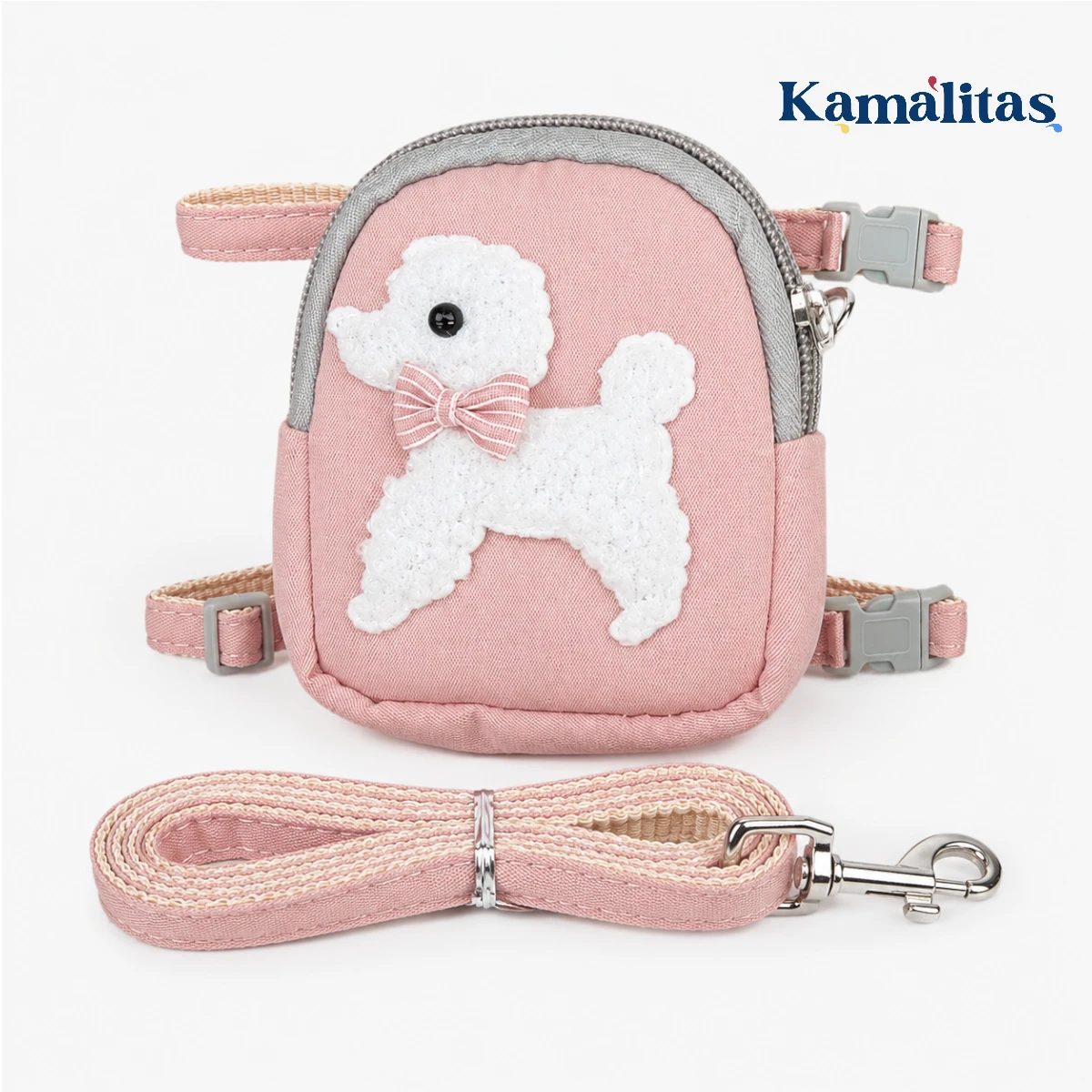 Arnés con mochila rosa para perros y gatos pequeños con correa a juego, diseño tipo poodle, ajustable para cuello y panza, ideal para paseo.