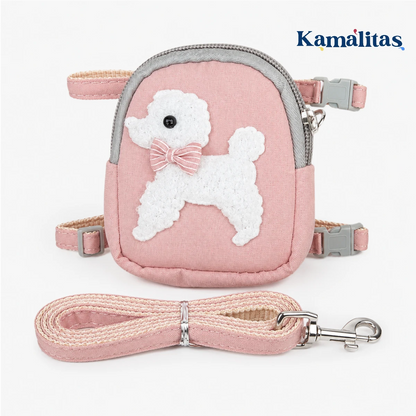 Arnés con mochila rosa para perros y gatos pequeños con correa a juego, diseño tipo poodle, ajustable para cuello y panza, ideal para paseo.