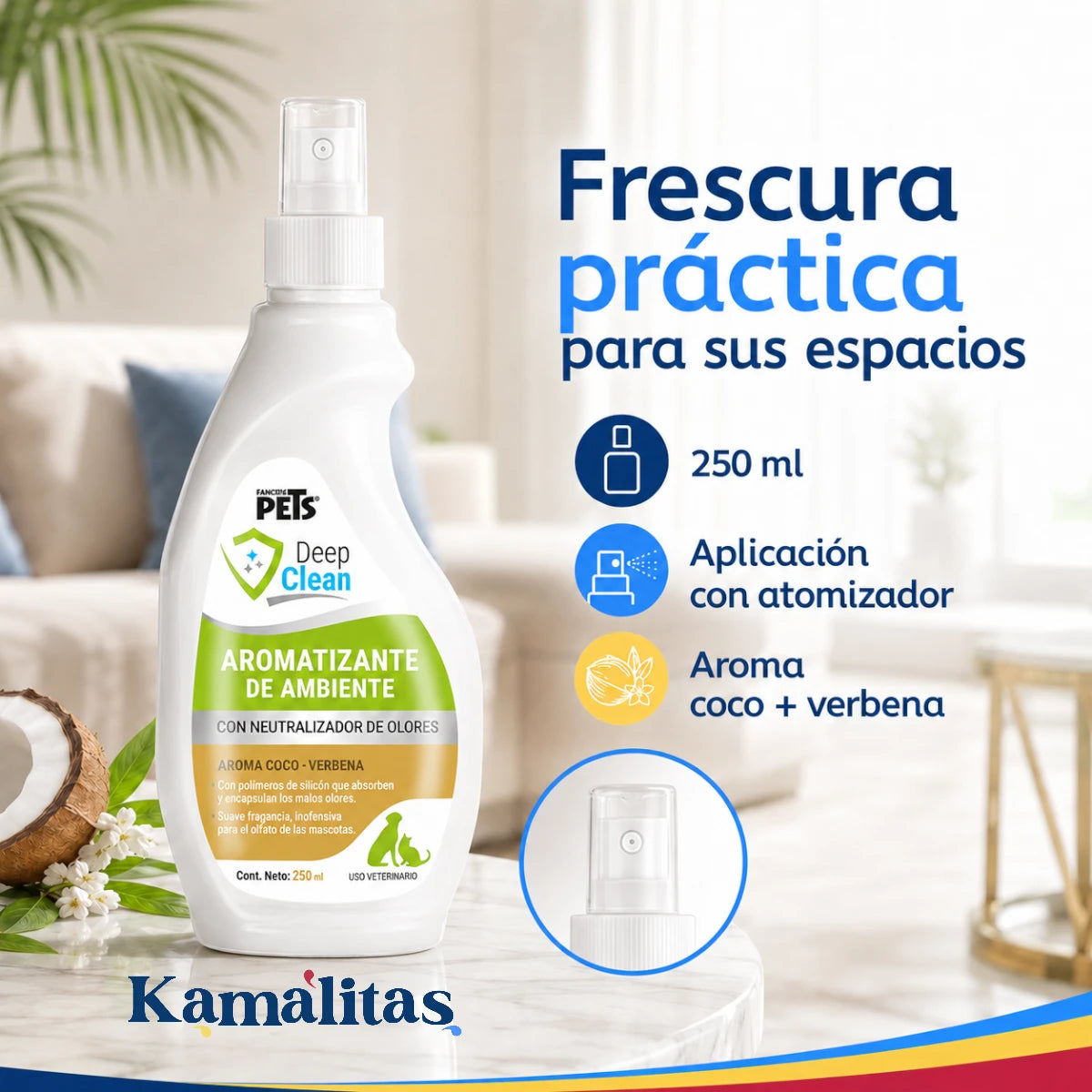 Detalle de la botella blanca de aromatizante Deep Clean de 250 ml con atomizador para una aplicación práctica.