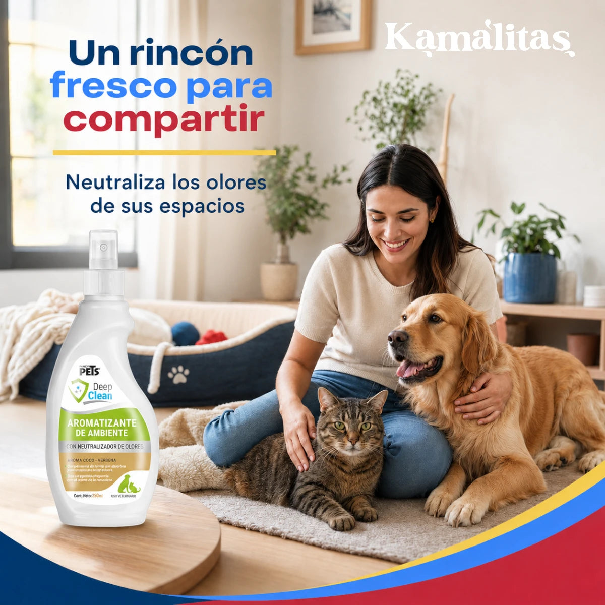 Aromatizante Deep Clean Coco Verbena de 250 ml para neutralizar olores en espacios compartidos por perros, gatos y sus humanas.