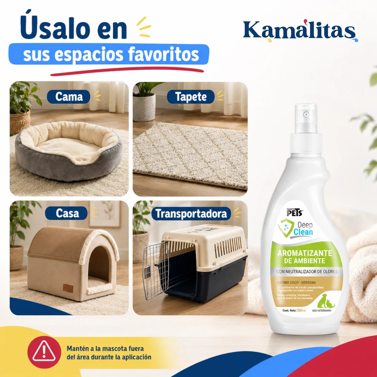 Aromatizante Deep Clean para neutralizar olores en la cama, tapete, casa y transportadora de perros y gatos.