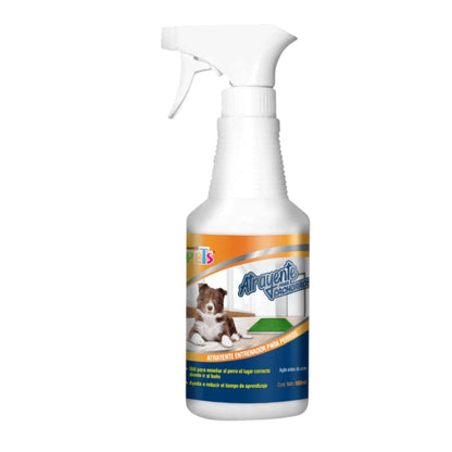 Frasco blanco de 500ml de Atrayente para Cachorros marca Fancy Pets con atomizador y etiqueta naranja.