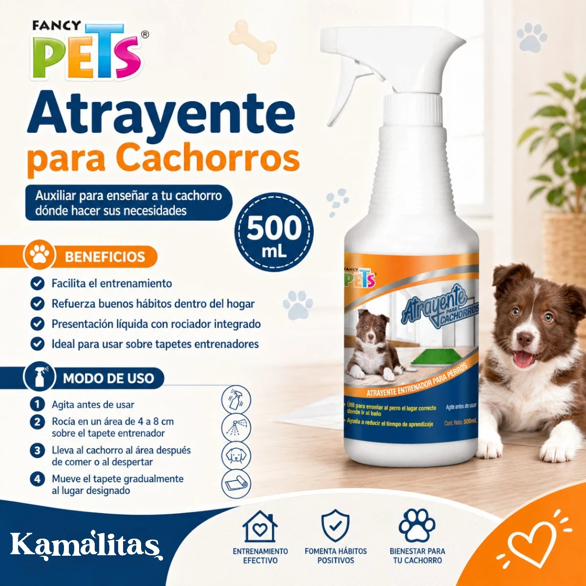 Infografía del atrayente para cachorros Fancy Pets 500 ml, auxiliar de entrenamiento para enseñar a perros y cachorros dónde hacer sus necesidades.