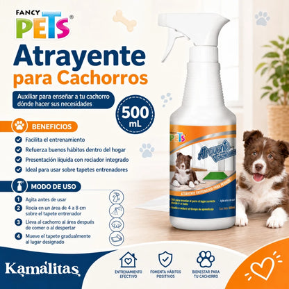 Infografía del atrayente para cachorros Fancy Pets 500 ml, auxiliar de entrenamiento para enseñar a perros y cachorros dónde hacer sus necesidades.