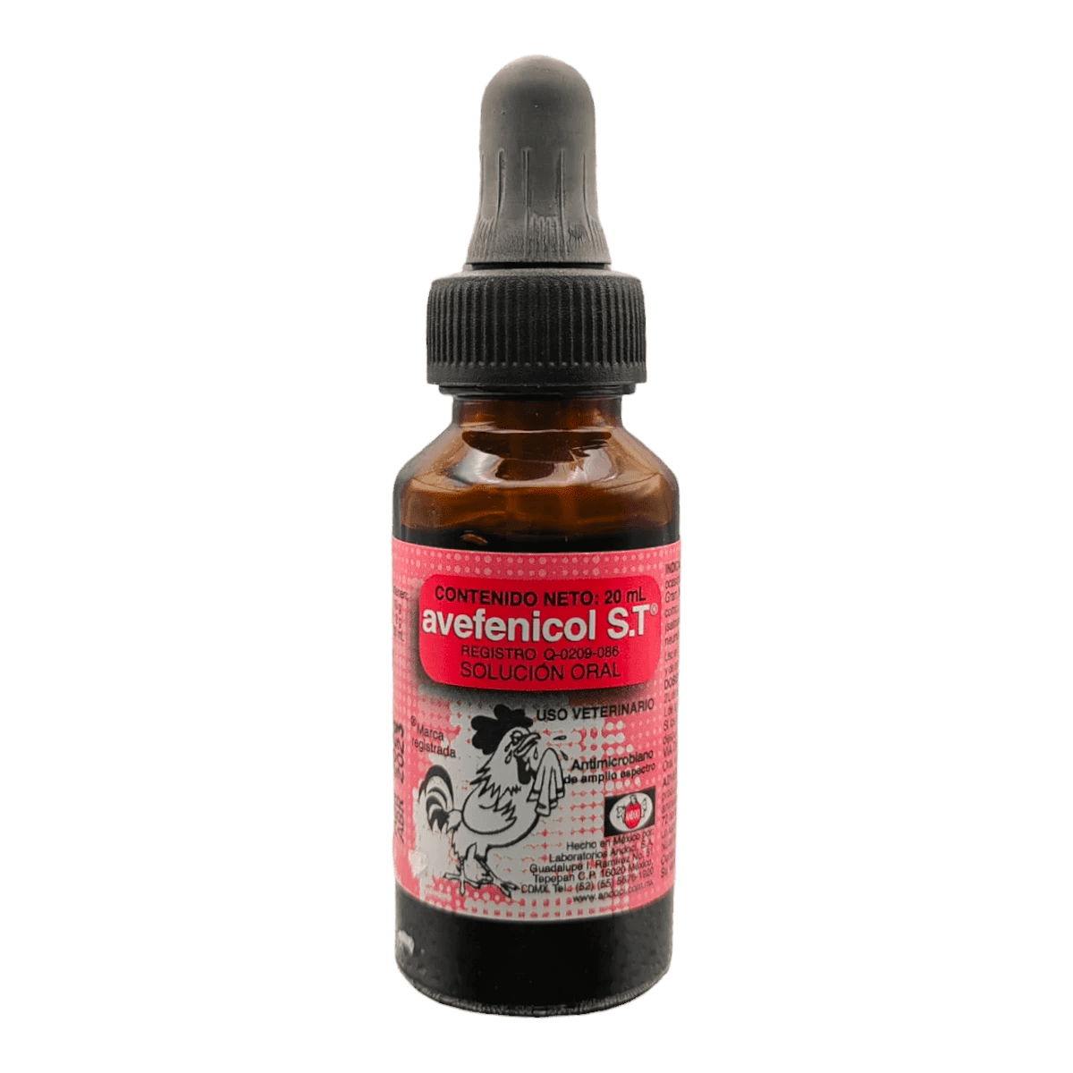 Frasco de Avefenicol Oral ST de 20 ml, antibiótico de amplio espectro para aves de ornato y combate, ideal para el agua de bebida.