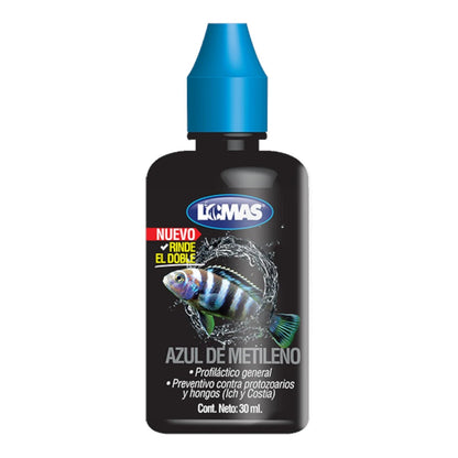 Primer plano del frasco de Azul de Metileno marca Lomas de 30ml con tapa roja y etiqueta informativa.