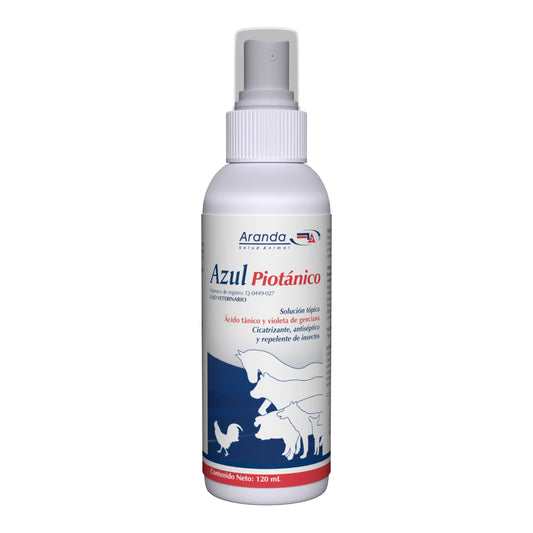 Botella de Azul Piotánico de Laboratorio Aranda en presentación de 120 mL, solución tópica en spray para el tratamiento de heridas en animales.