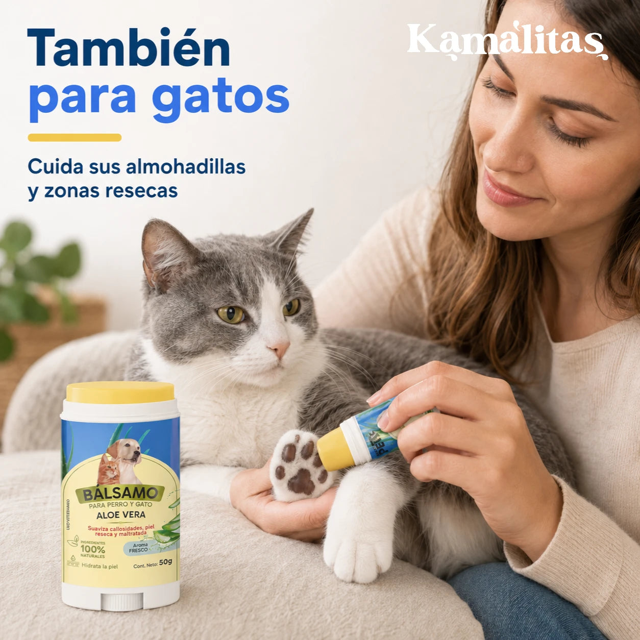 Bálsamo hidratante en barra con aloe vera aplicado sobre las almohadillas de un gato.