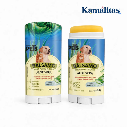 Bálsamo en barra Fancy Pets con aloe vera de 50 g para perros y gatos, presentado cerrado y abierto.